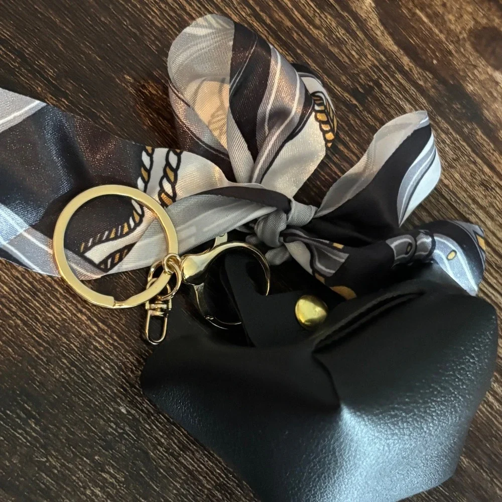 Black Mini Tote Bag Keychain Charm with Scarf Detail and Gold Hardware